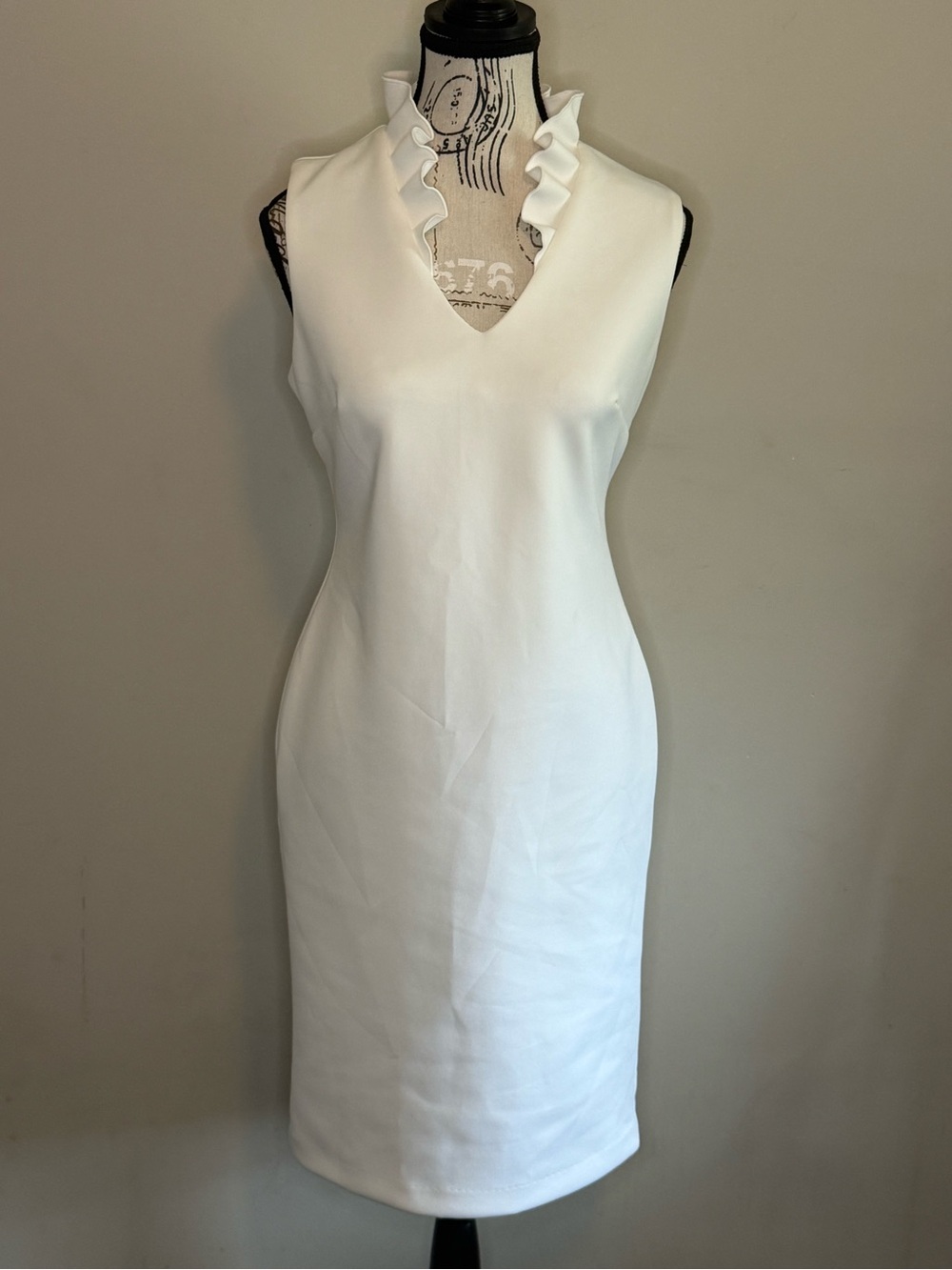 NWT - Calvin Klein Cream Sleeveless Midi Dress with Ruffle V-Neck - Size 4